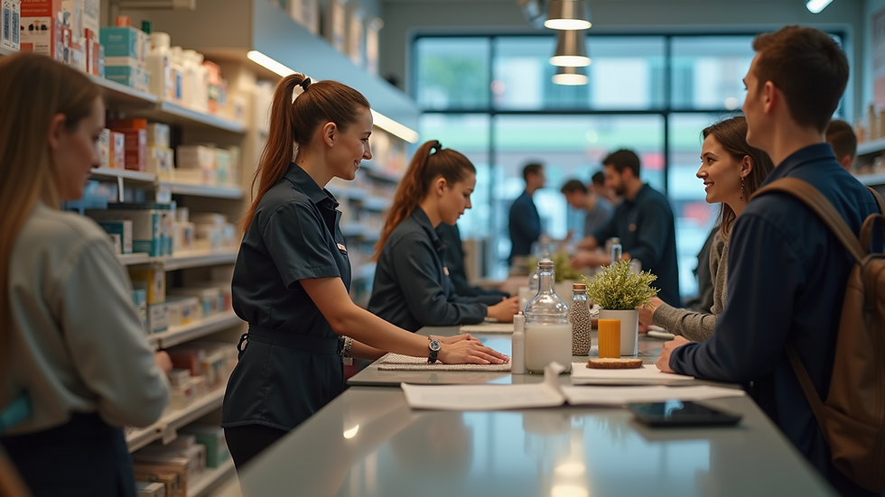 Eye-level view of a retail store with employees engaging with customers