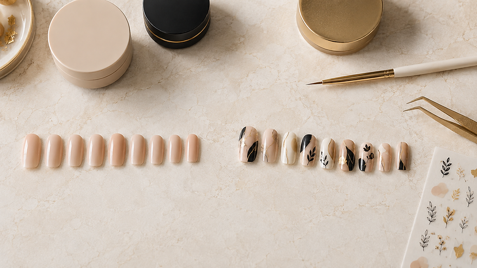 Plain press-on nails transformed into a coordinated custom nail-art set