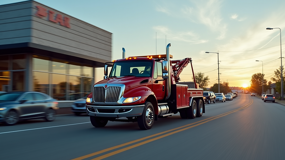 Eye-level view of a tow truck parked outside a dealership