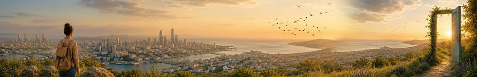 Hiker with backpack overlooks a coastal city and bay at sunset, birds overhead, with an ivy-framed open door.
