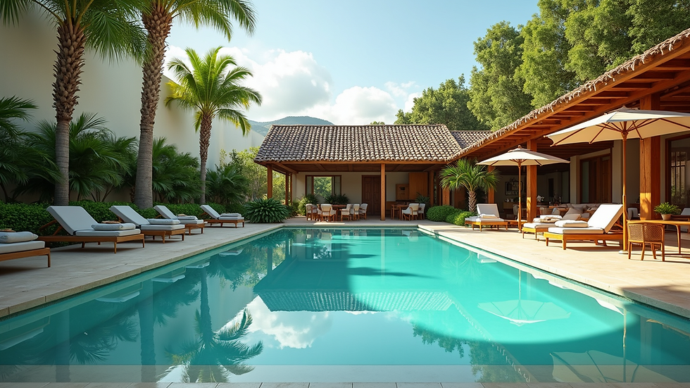 Vista panorámica de una piscina restaurada con un entorno verde y acogedor
