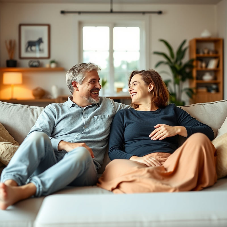 a happy couple on the couch of their home laughing and looking at each other.jpg