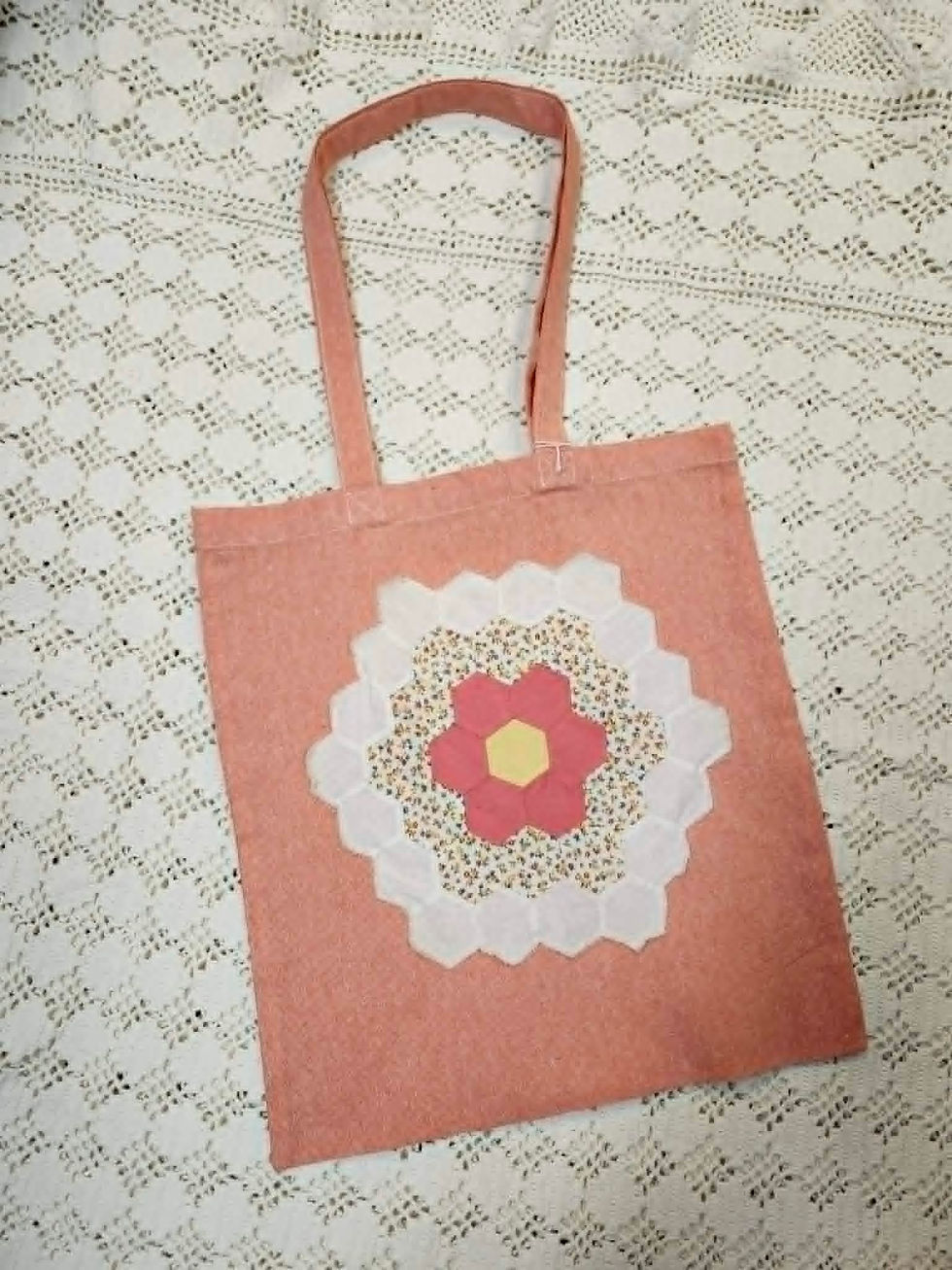 handcrafted coral vintage quilt top tote