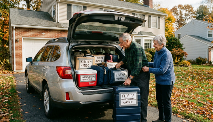 Wide-angle view of a senior couple packing a car for a winter trip to Florida.