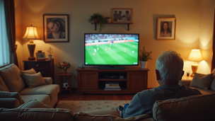 A senior enjoying the World Cup match in a comfortable home setting in Boynton Beach, Florida