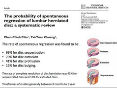 Chiu CC, Chuang TY, Chang KH, Wu CH, Lin PW, Hsu WY. The probability of spontaneous regression of lumbar herniated disc: a systematic review. Clin Rehabil. 2015 Feb;29(2):184-95. doi: 10.1177/0269215514540919. Epub 2014 Jul 9. PMID: 25009200.
Results: The rate of spontaneous regression was found to be 96% for disc sequestration, 70% for disc extrusion, 41% for disc protrusion, and 13% for disc bulging. The rate of complete resolution of disc herniation was 43% for sequestrated discs and 15% for extruded discs.
Conclusions: Spontaneous regression of herniated disc tissue can occur, and can completely resolve after conservative treatment. Patients with disc extrusion and sequestration had a significantly higher possibility of having spontaneous regression than did those with bulging or protruding discs. Disc sequestration had a significantly higher rate of complete regression than did disc extrusion.
Keywords: Low back pain; disc herniation; probability; regression of hernation; systematic review.