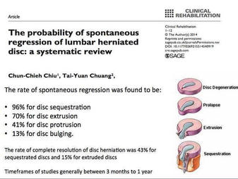 Chiu, C. C., Chuang, T. Y., Chang, K. H., Wu, C. H., Lin, P. W., & Hsu, W. Y. (2015). The probability of spontaneous regression of lumbar herniated disc: a systematic review. Clinical rehabilitation, 29(2), 184-195.
