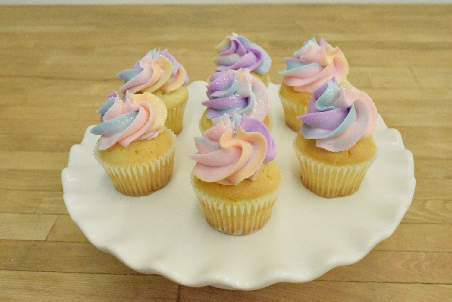 6 Light Colored Glitter Swirl Cupcakes