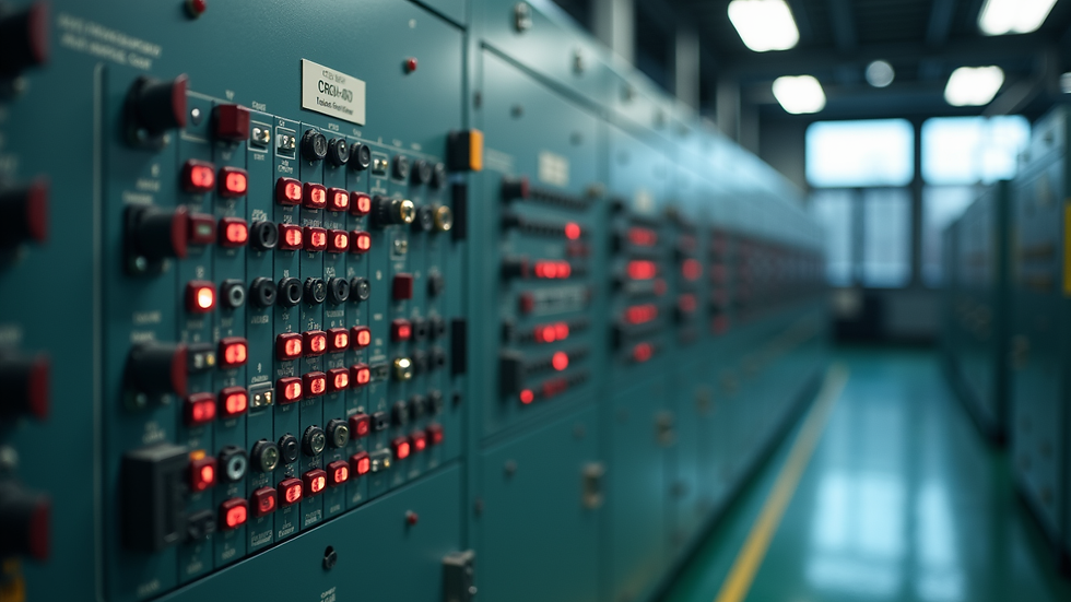 Eye-level view of an industrial control panel with power converters