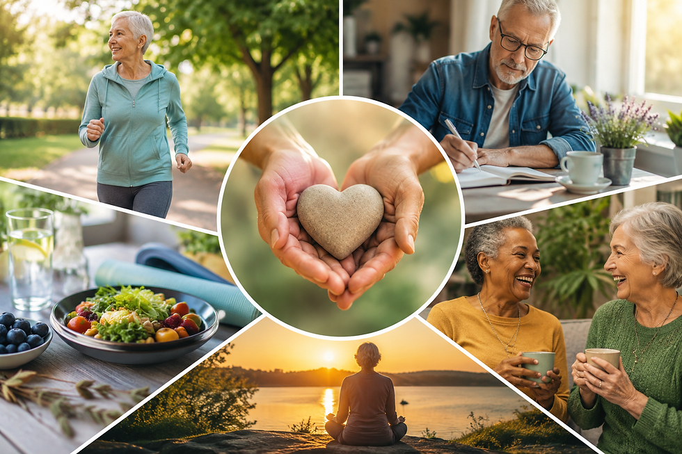 Collage representing self-care for seniors and caregivers, featuring older adults walking outdoors, journaling, sharing conversation, meditating by a lake at sunset, healthy food and hydration, and hands holding a heart-shaped stone to symbolize emotional wellness, connection, mindfulness, and healthy aging.