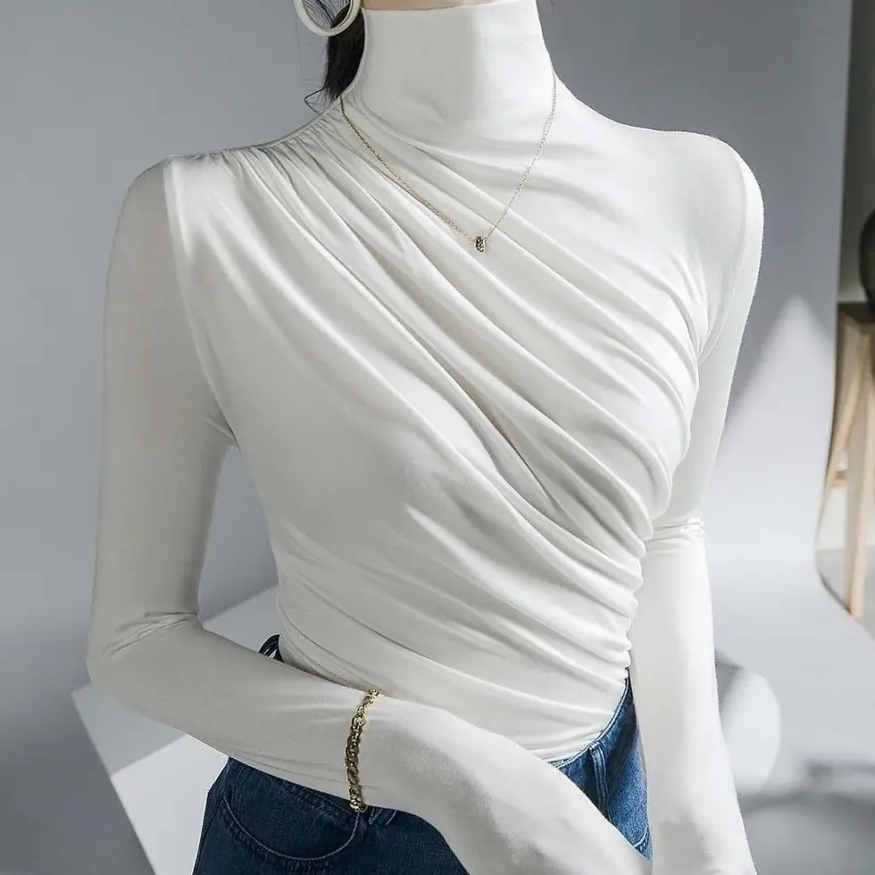 Thumbnail: 2023 Pleated High Neck for Women Blusas Clothes for Women Tops Shirts Blouses