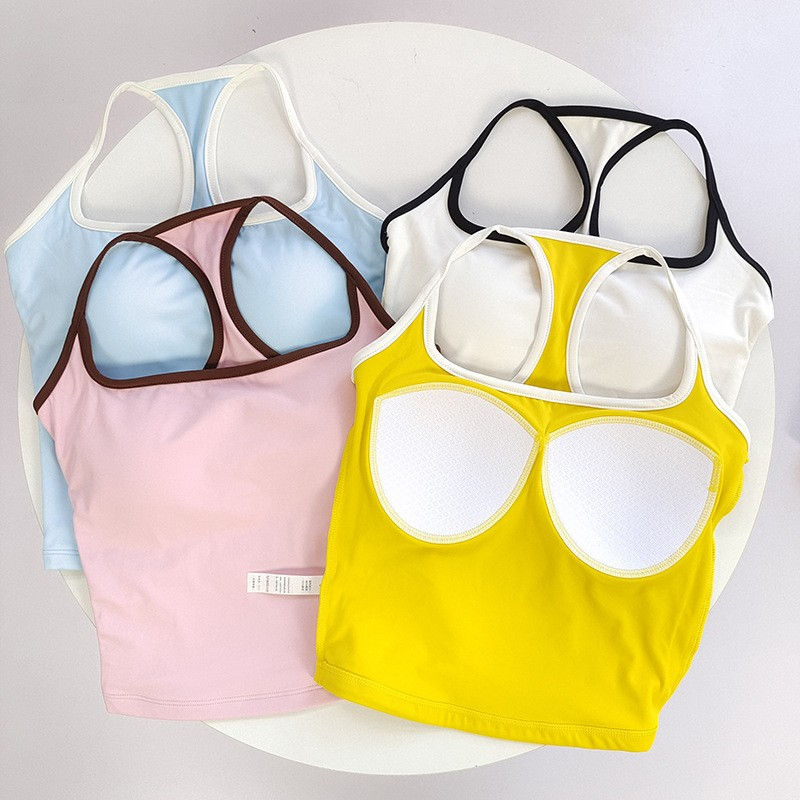Thumbnail: Women's Color-Blocked Thin-Strap Backless Yoga Tank Top - Spaghetti Strap, with 
