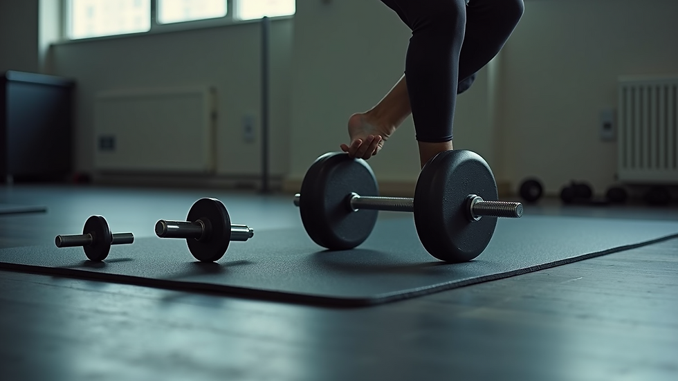 Wide angle view of a fitness routine setup with a mat and weights