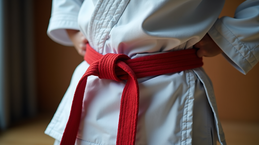 Close-up view of a martial arts belt tied around a student's waist