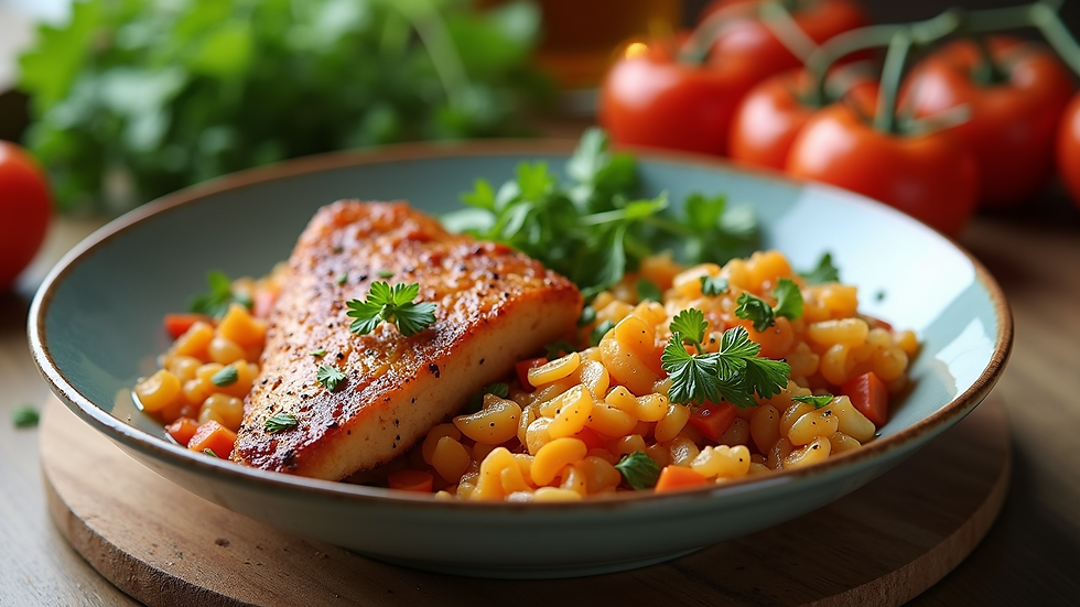 High angle view of a healthy meal with vegetables and protein