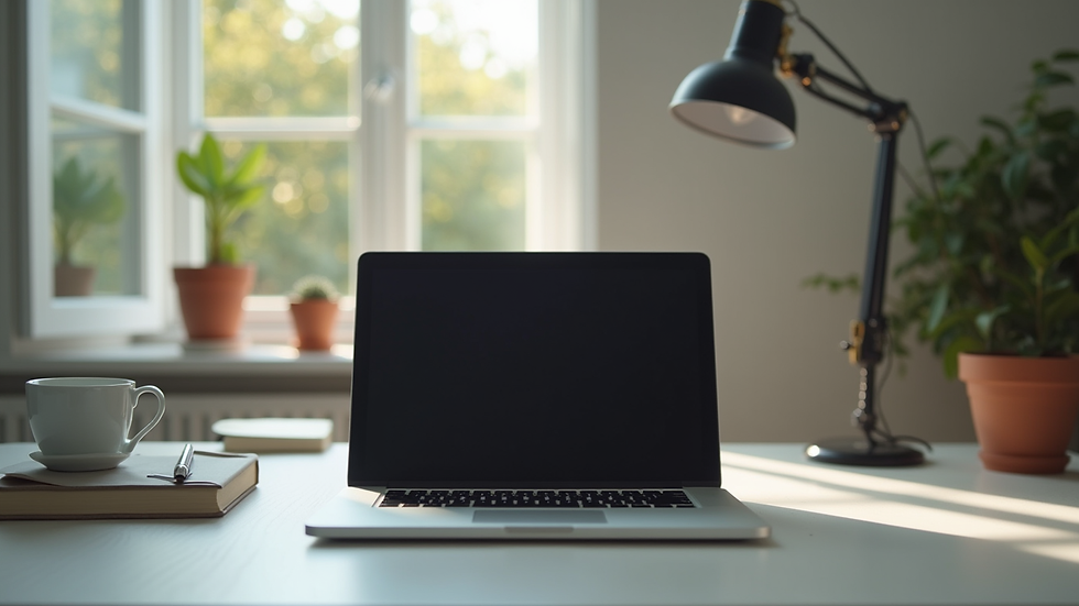 Eye-level view of a laptop on a desk with a calm home office setup