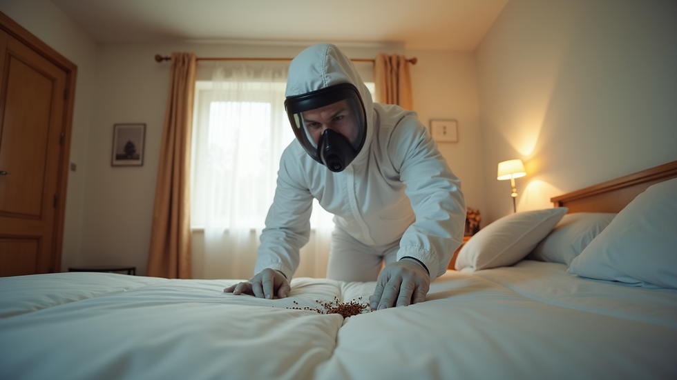 Eye-level view of a pest control technician inspecting a bedroom for bed bugs