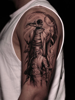 Black and grey realism tattoo of Moon Knight