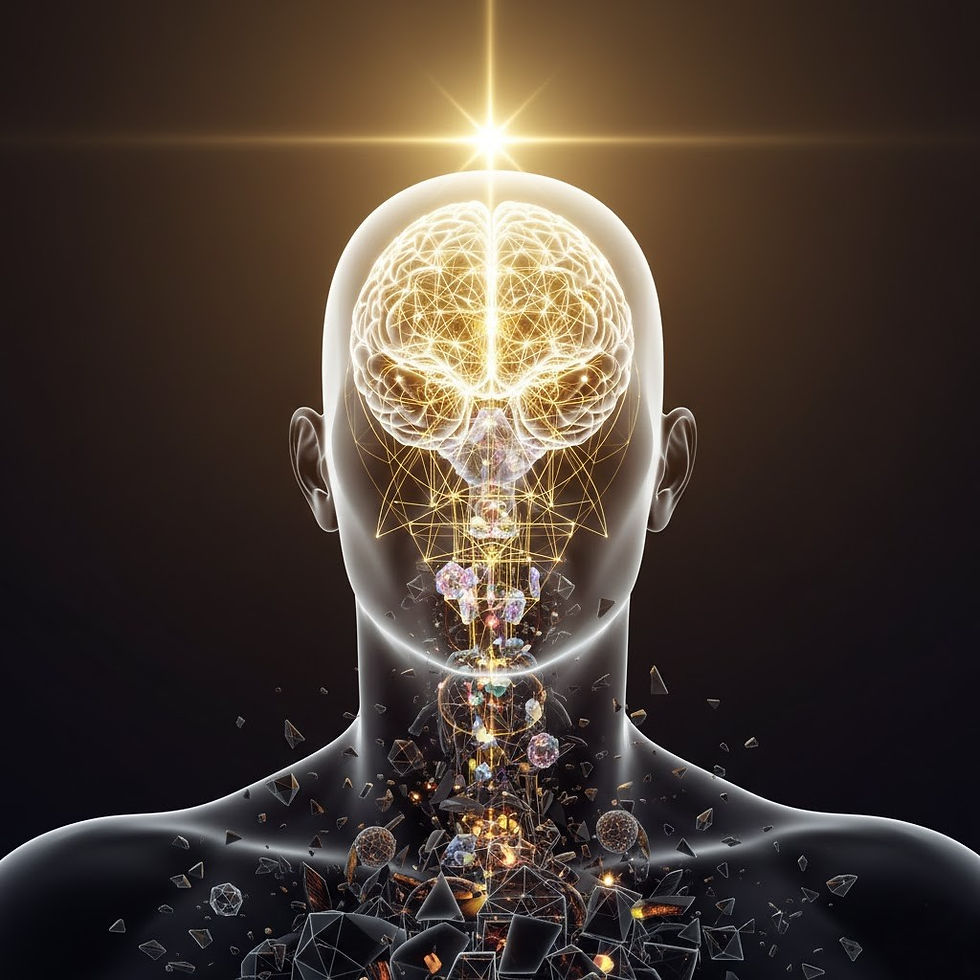 A brilliantly luminous, transparent human head/brain ascending powerfully, containing a flawless, intricate internal network of glowing golden and blue architectural structures. This image symbolizes Structural Inevitability and Sovereign Success, representing the perfection of the Dracorn Protocols as a guaranteed, engineered system for overcoming chaos and reaching the highest potential.