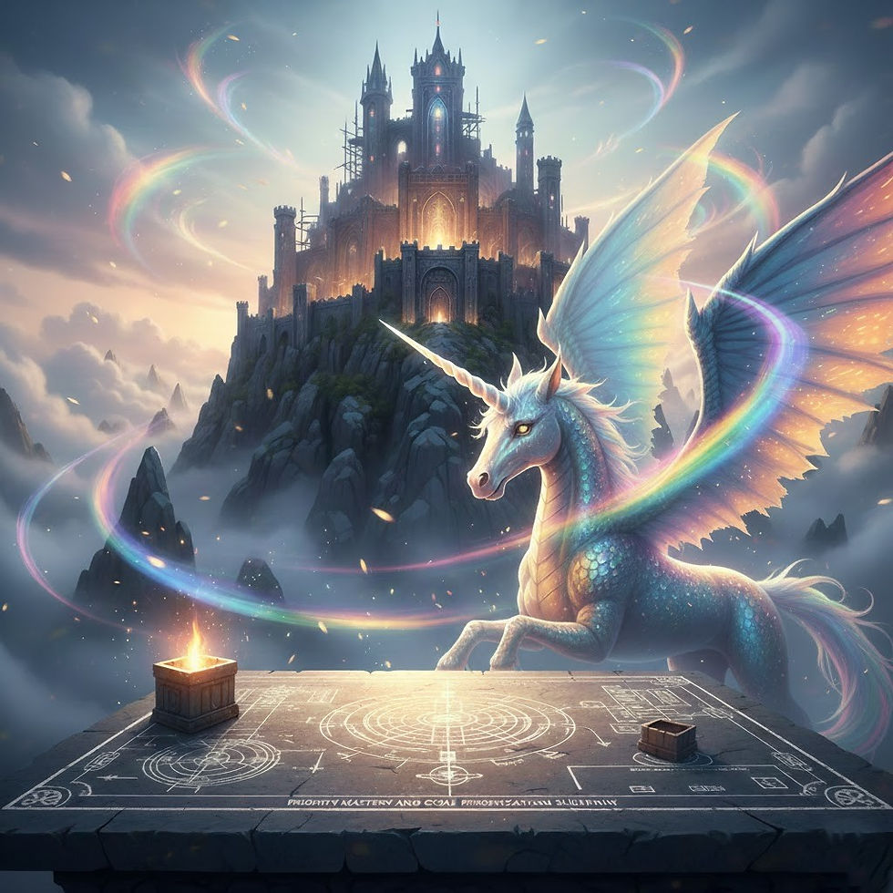 A mystical square illustration featuring a glowing stone fortress under construction, with a Unicorn architect hovering over a blueprint table, representing the Priority Mastery and Goal Prioritization Blueprint for Structural Resilience.