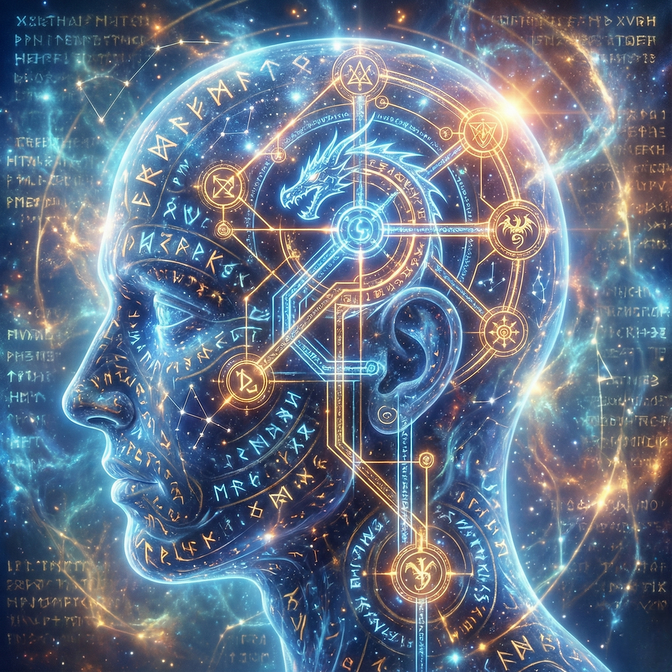 A luminous, ethereal profile of a human head filled with stars, ancient runes, and glowing blue circuits. An intricate celestial map or Cognitive Blueprint is visible, featuring a central Dracorn sigil connected by geometric lines. The image symbolizes the structured internal architecture required for Sustained Success.