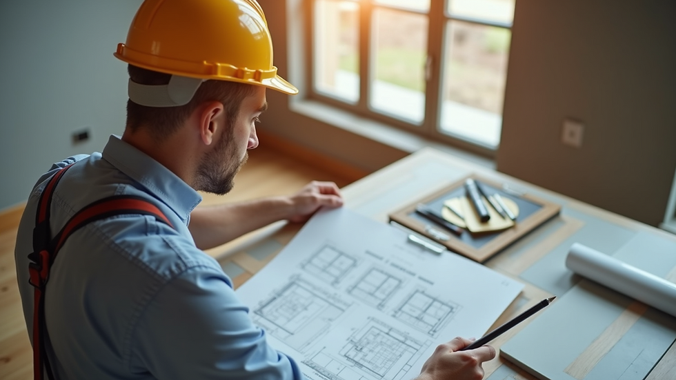 High angle view of a contractor reviewing home renovation plans