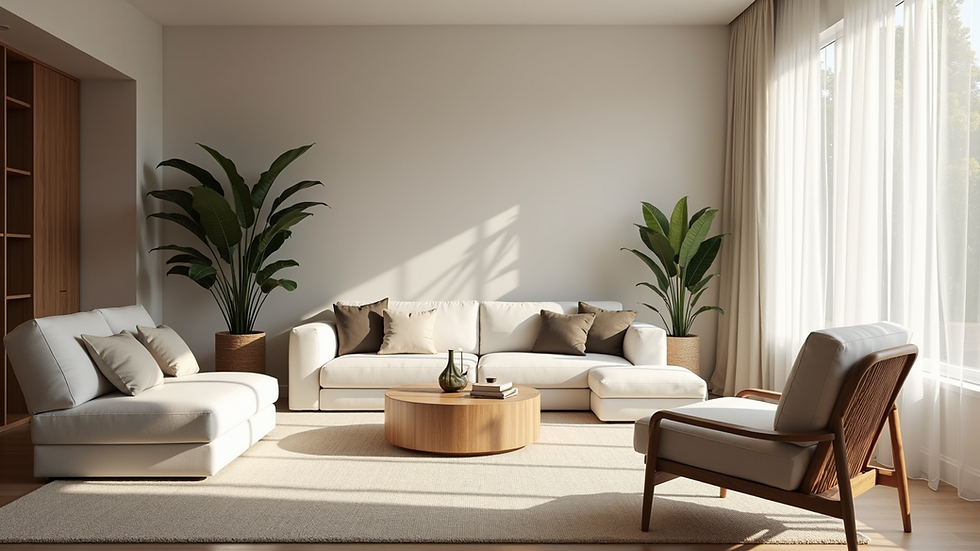 Eye-level view of a modern living room with minimalist furniture and natural light