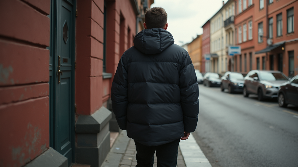 Närbild av en oversized streetwear-jacka i mörka toner på en hängare