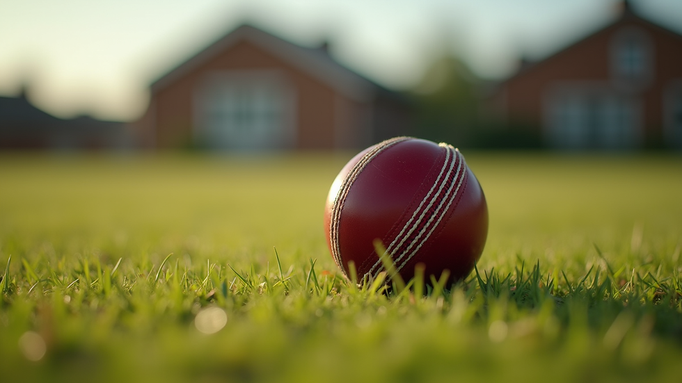 Close-up view of a cricket ball on a grassy field