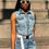 Thumbnail: GROMMET DISTRESSED DENIM JUMPSUIT