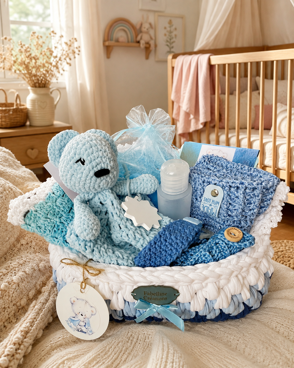 Panier naissance artisanal avec doudou – Cadeau de naissance fait main
