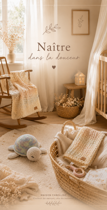 Chambre de bébé décorée avec un panier naissance, une couverture au crochet et un doudou artisanal réalisés à la main par Maison Fabelline.