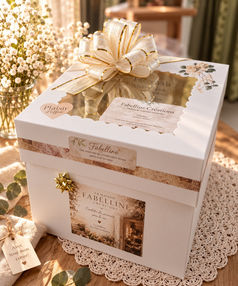 Boîte cadeau artisanale Maison Fabelline préparée avec ruban blanc et doré