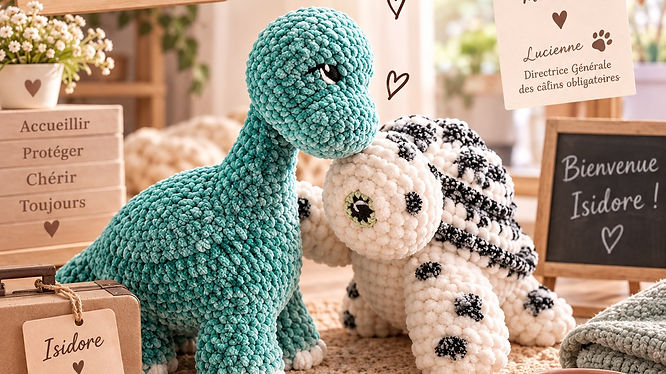 Lucienne accueille Isidore, petit brontosaure au crochet, à la Société Protectrice des Amigurumis