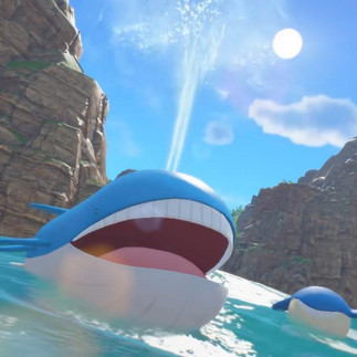A Wailord and Wailmer naturally interacting in the beautiful seas and detailed cliffs.