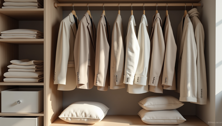 Eye-level view of a neatly arranged wardrobe with classic neutral-colored clothing