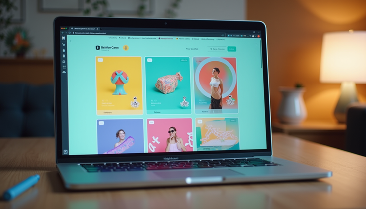 Eye-level view of a laptop screen showing a colorful Canva design workspace