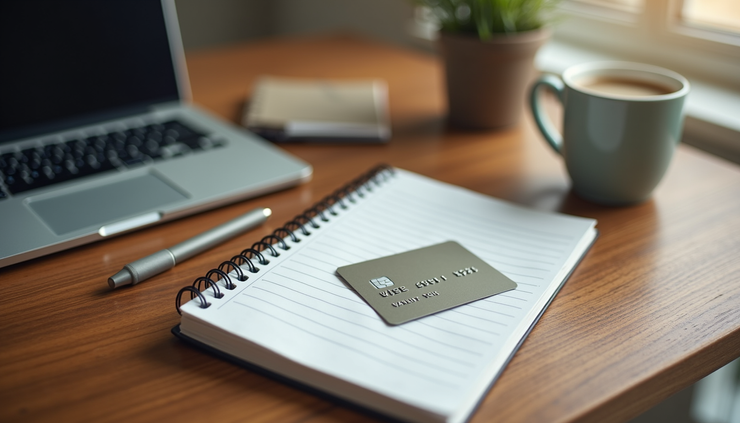 High angle view of a workspace with a notebook, coffee cup, and Wise debit card