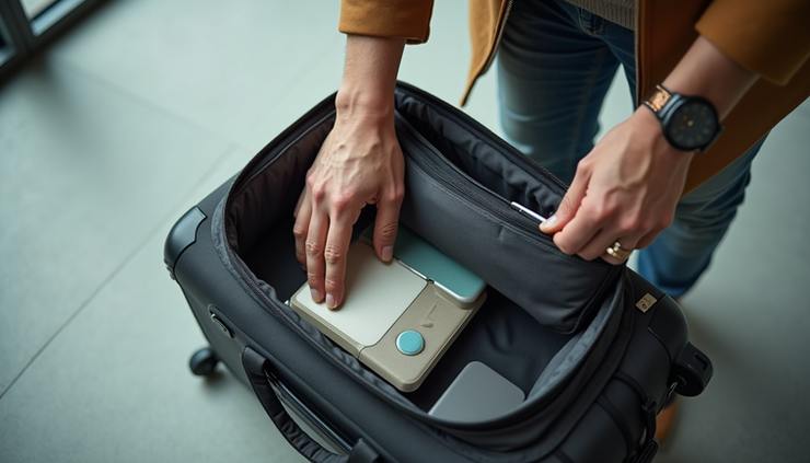 High angle view of a traveler packing a small carry-on suitcase on a bed