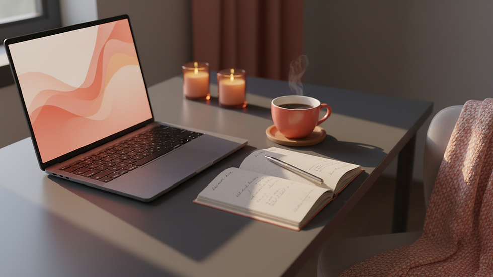 Eye-level view of a cozy workspace with a laptop, notebook, and coffee cup