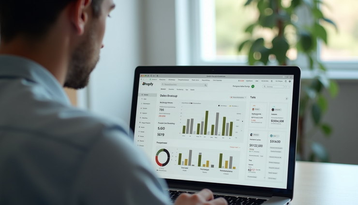 Close-up view of a Shopify dashboard showing product listings and sales stats