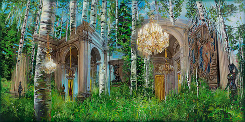 Marina Sailer, The Azure Kingdom, 2024/2025, Mischtechnik auf Leinwand, 100 x 200 cm