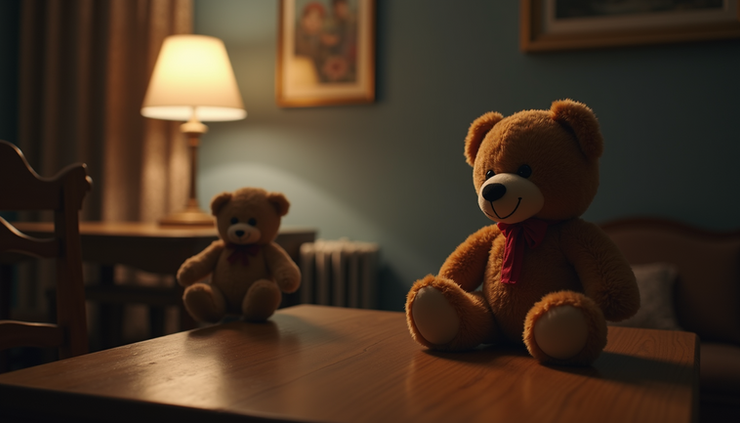 Eye-level view of a teddy bear placed on an old wooden table in a dimly lit room