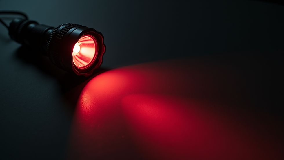 High angle view of a flashlight with a red filter illuminating a dark area