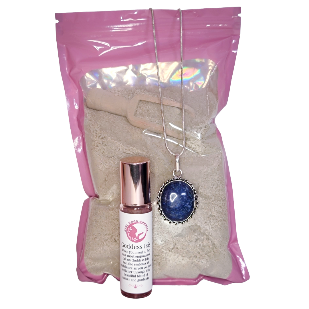 Goddess Isis Ritual Kit including Goddess Detox Bath Soak, Lapis & Sterling Pendant & Goddess Isis Roll-On Group Picture