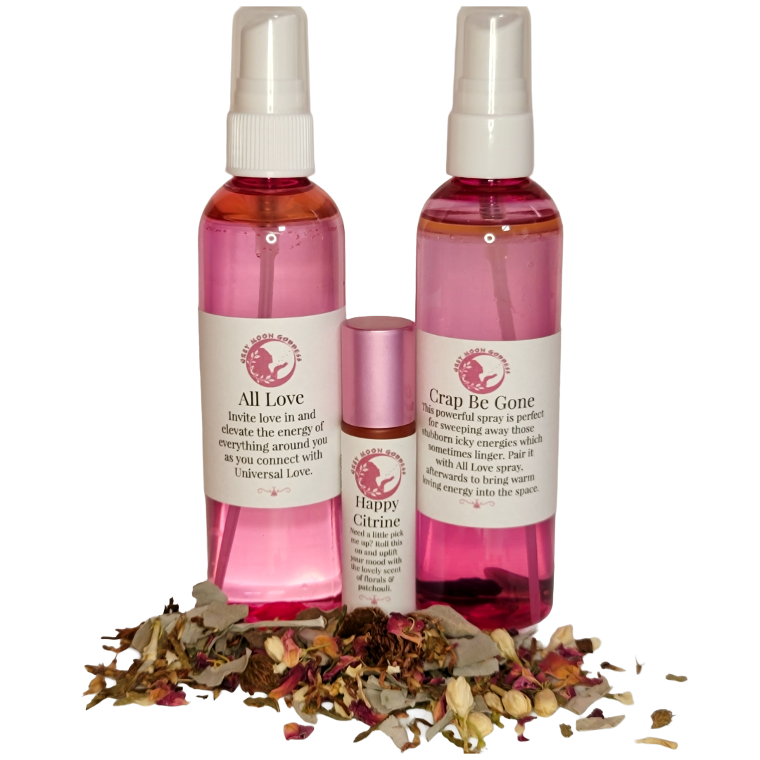 GMG's Favorite Ritual Tools including All Love & Crap Be Gone Sprays, Happy Citrine Roll-on & GMG's OG Smudge Blend Group Pic