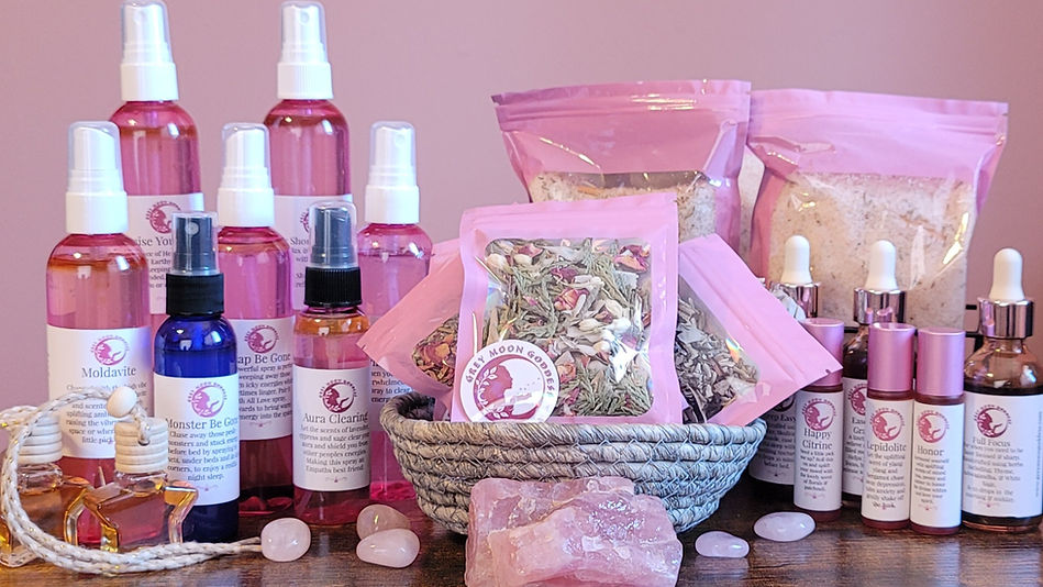 GMG's product line, essential oil blend roll-ons, sprays, bathsalts, smudge blends, car diffusers and skin balms.