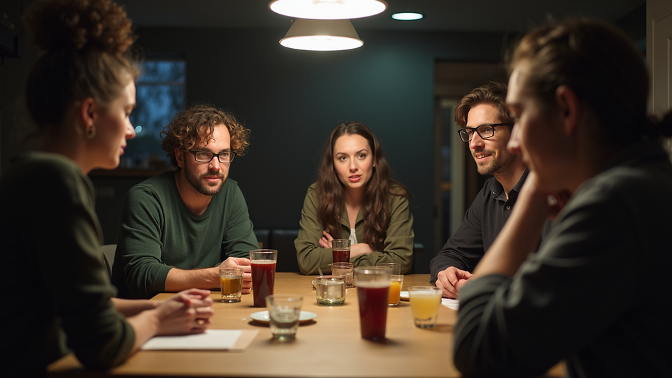 Eye-level view of a group of friends engaged in a murder mystery game