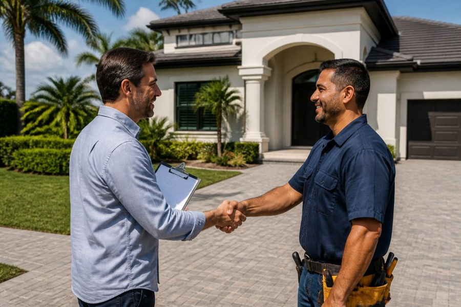 A property owner shaking hands with a local contractor in front of a rental home, clipboard in hand, bright daylight, clear professional interaction