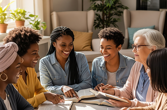 A group of ethnically diverse women participating in an in-home Bible Study